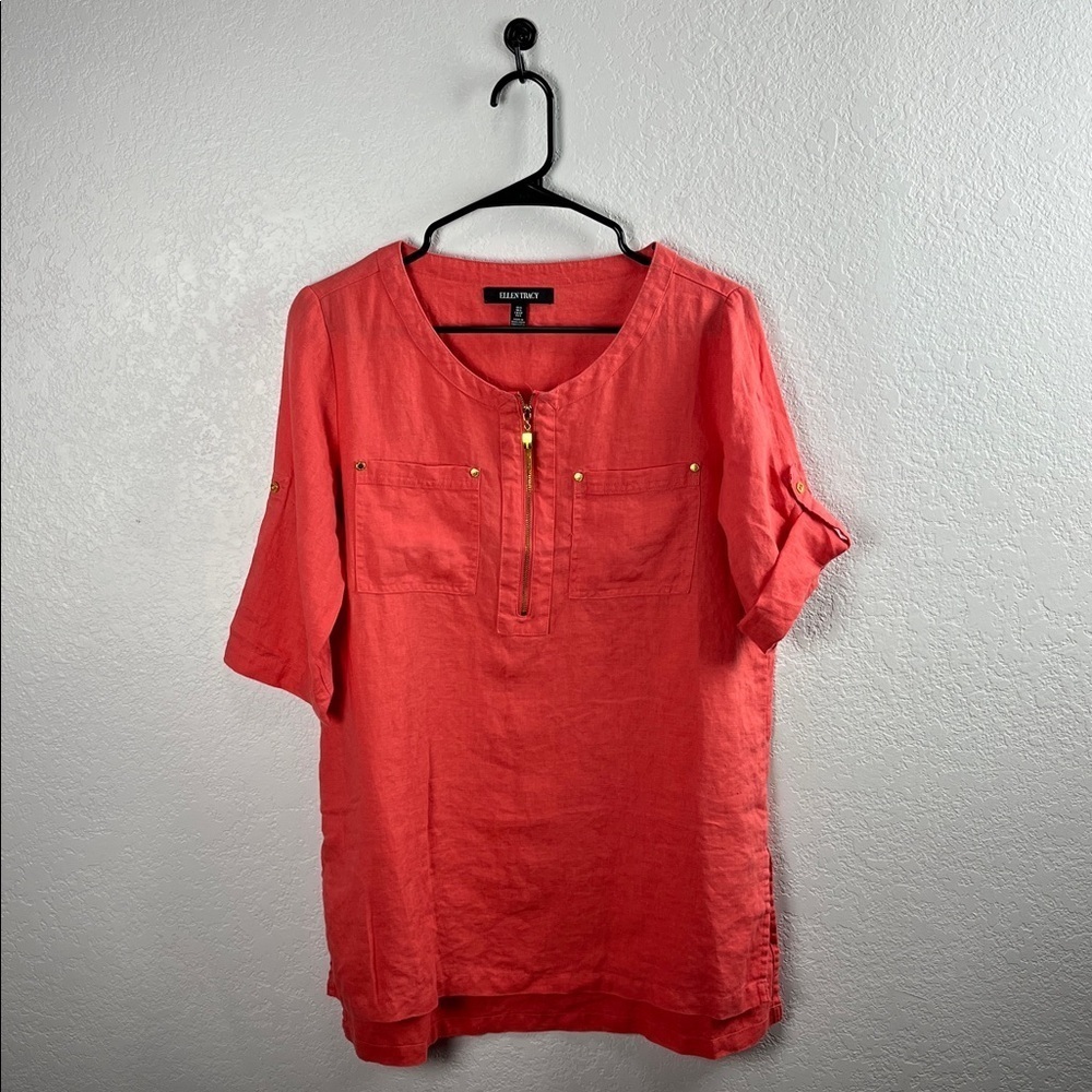 Ellen Tracy M Half-Zip Roll-tab Sleeve 100% Linen Tunic Top Salmon Chic Casual